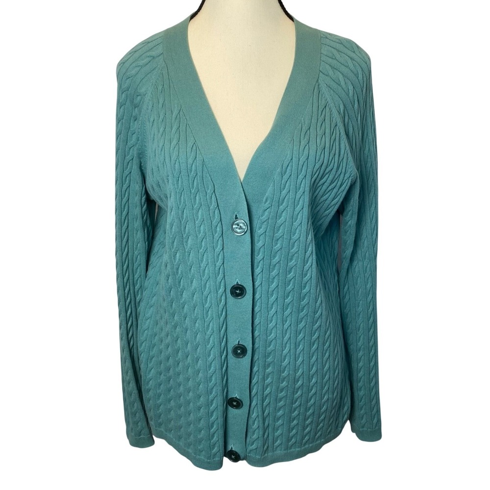 Talbots Women's Cable Knit Cardigan Size X Blue 100% Cotton V-Neck Button Front
